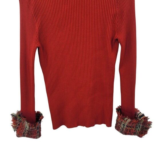 My Favorite Things Red Ribbed Silk Cardigan Jacket L Plaid Tweed Collar Cuffs - Picture 13 of 15